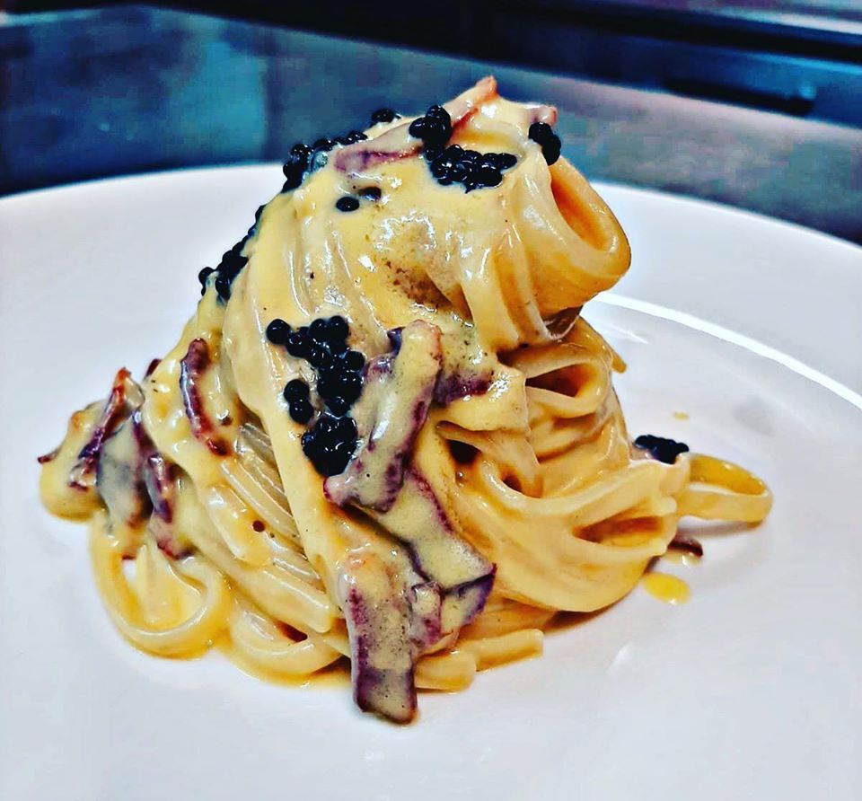 Carbonara speck d’oca e perlage al tartufo