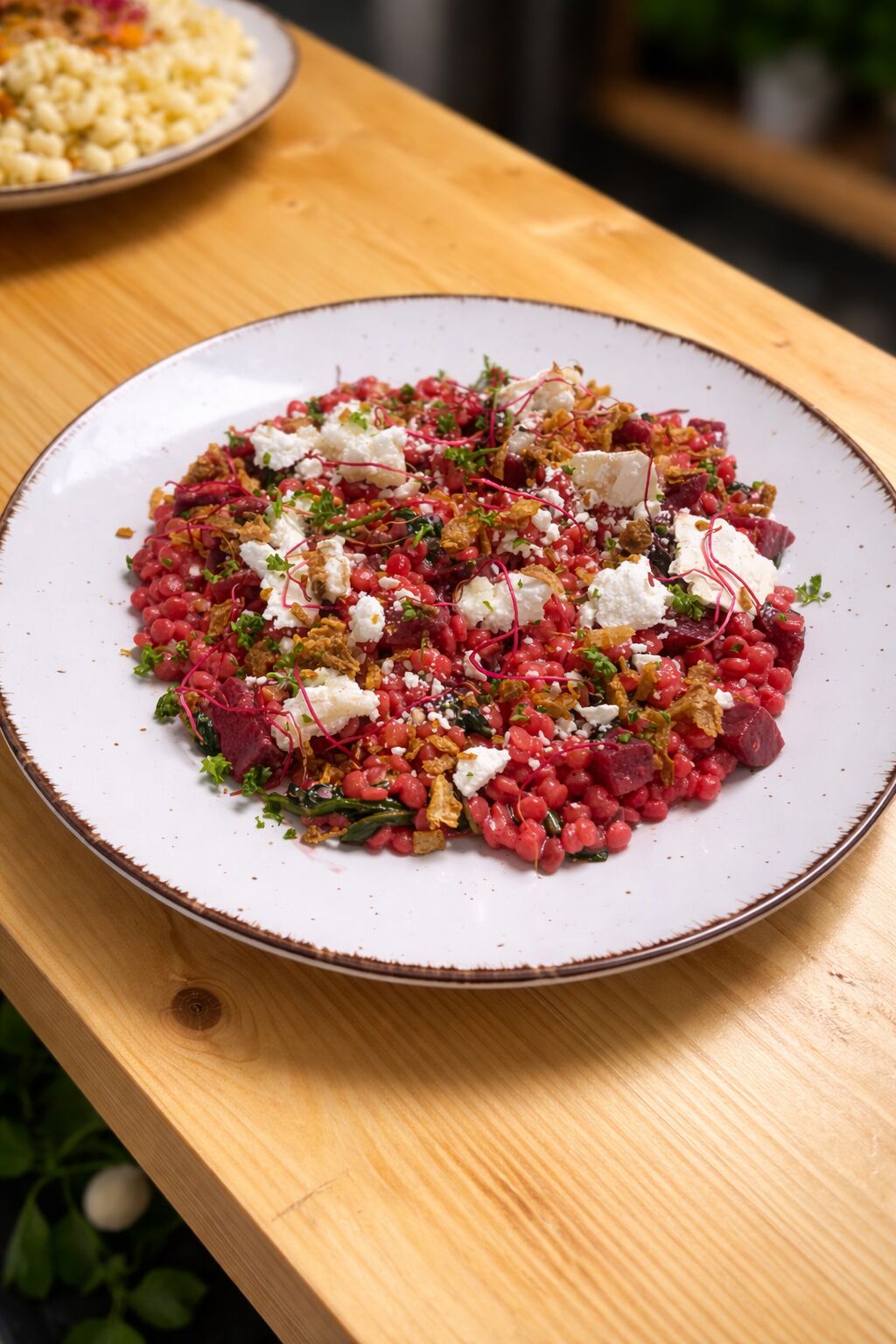 Krémová tarhoňa s pečenou cviklou a kozím syrom