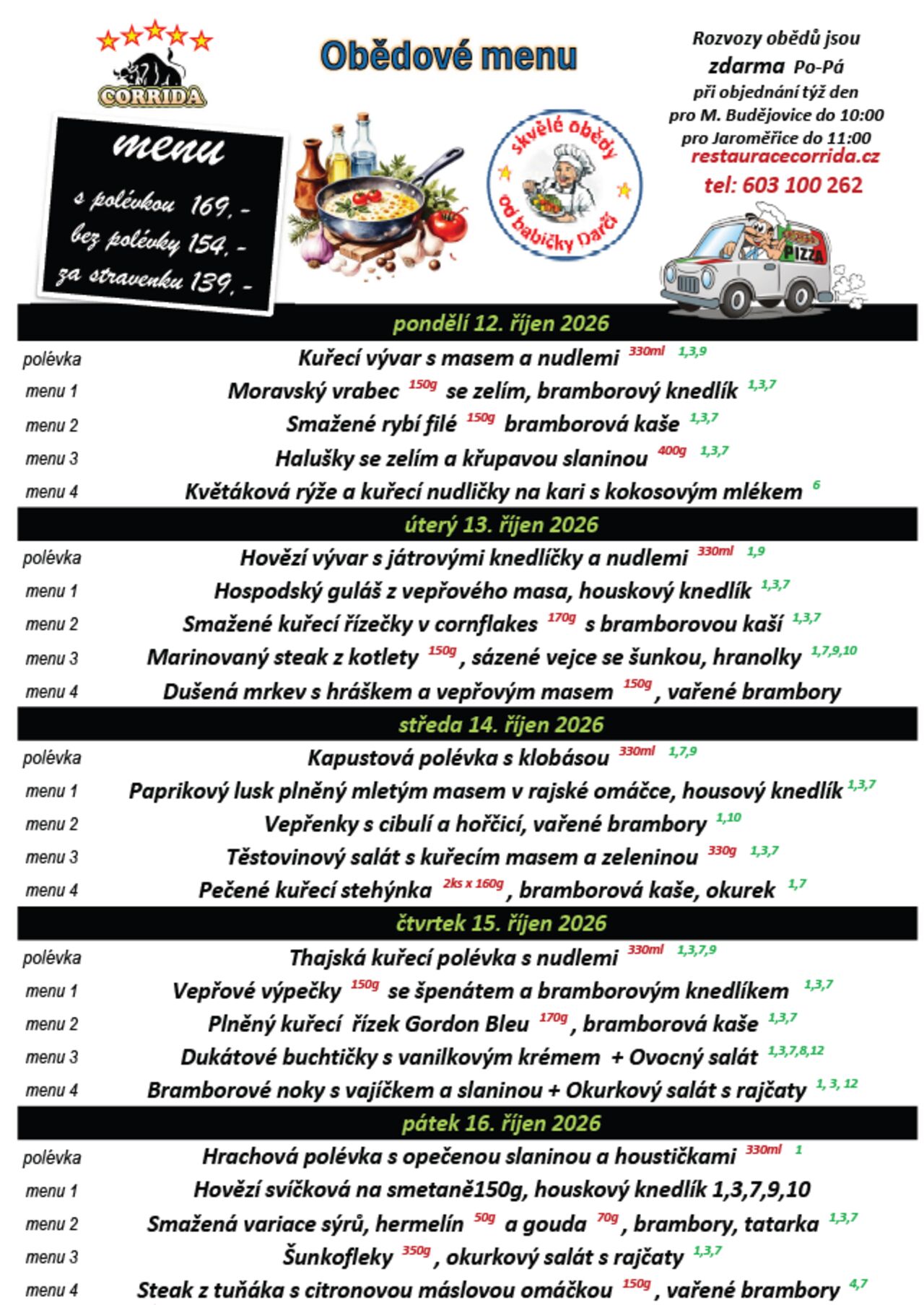 Denní menu od pondělí 12. do pátku 16. října