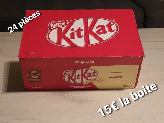 Kitkat blanc 24×41.5g
Prix : 15€ TTC
Marque
Kit kat
Poids net (kg) 0.410
0.62€ pièces 