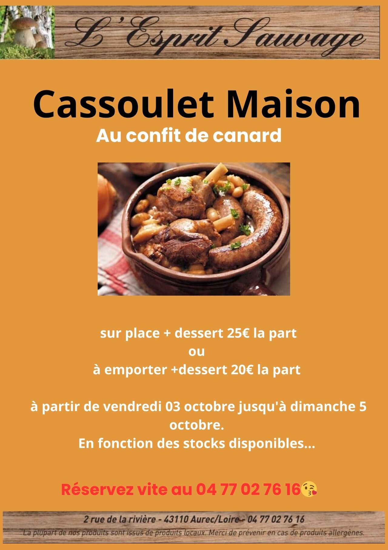 Cassoulet Maison au confit de canard du 3 au 5 octobre