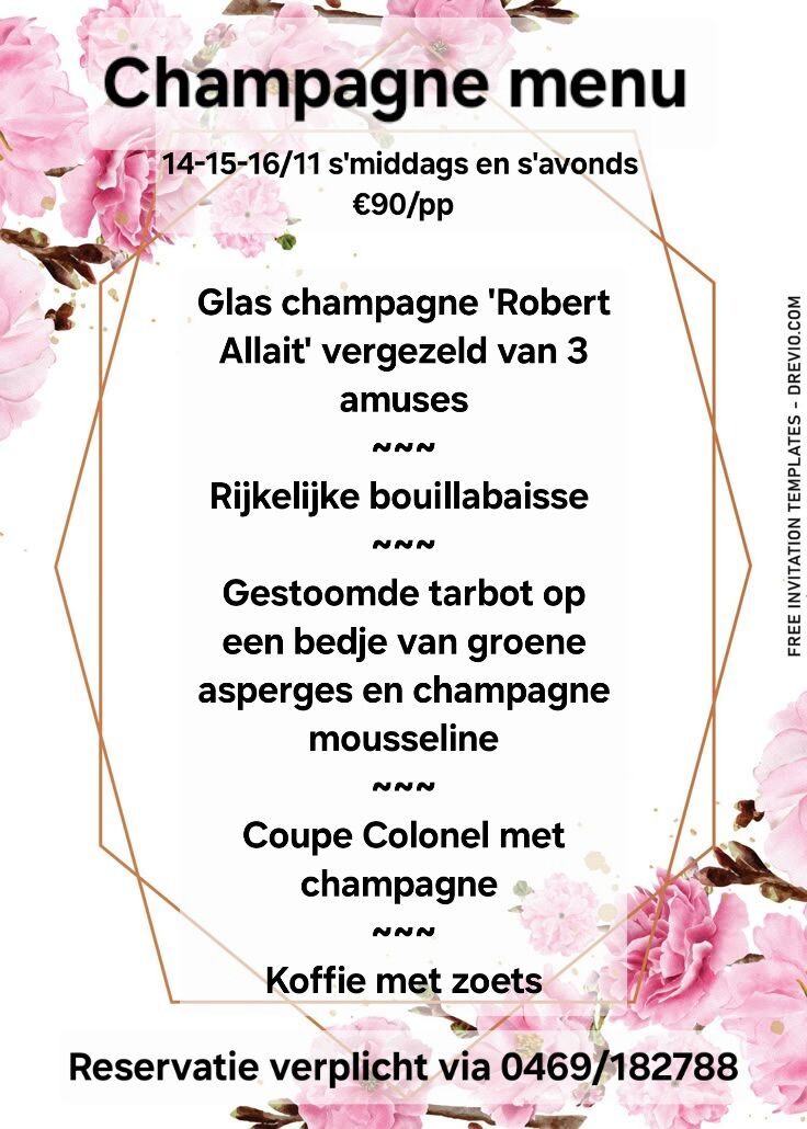 Champagne menu beschikbaar op 14/11, 15/11 en 16/11. Zowel s'middags als s'avonds!