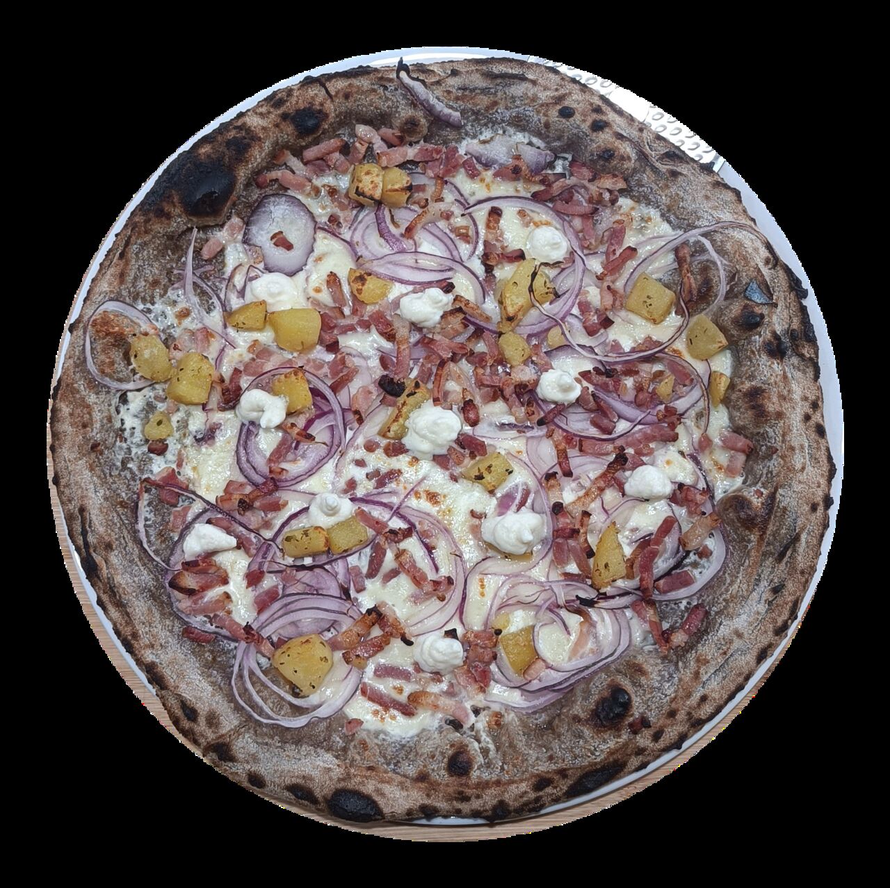 Mai La Parmigiana Rustica- Base crème, oignons rouges, pommes de terre rôties, lardons fumés, crème de parmesan maison 