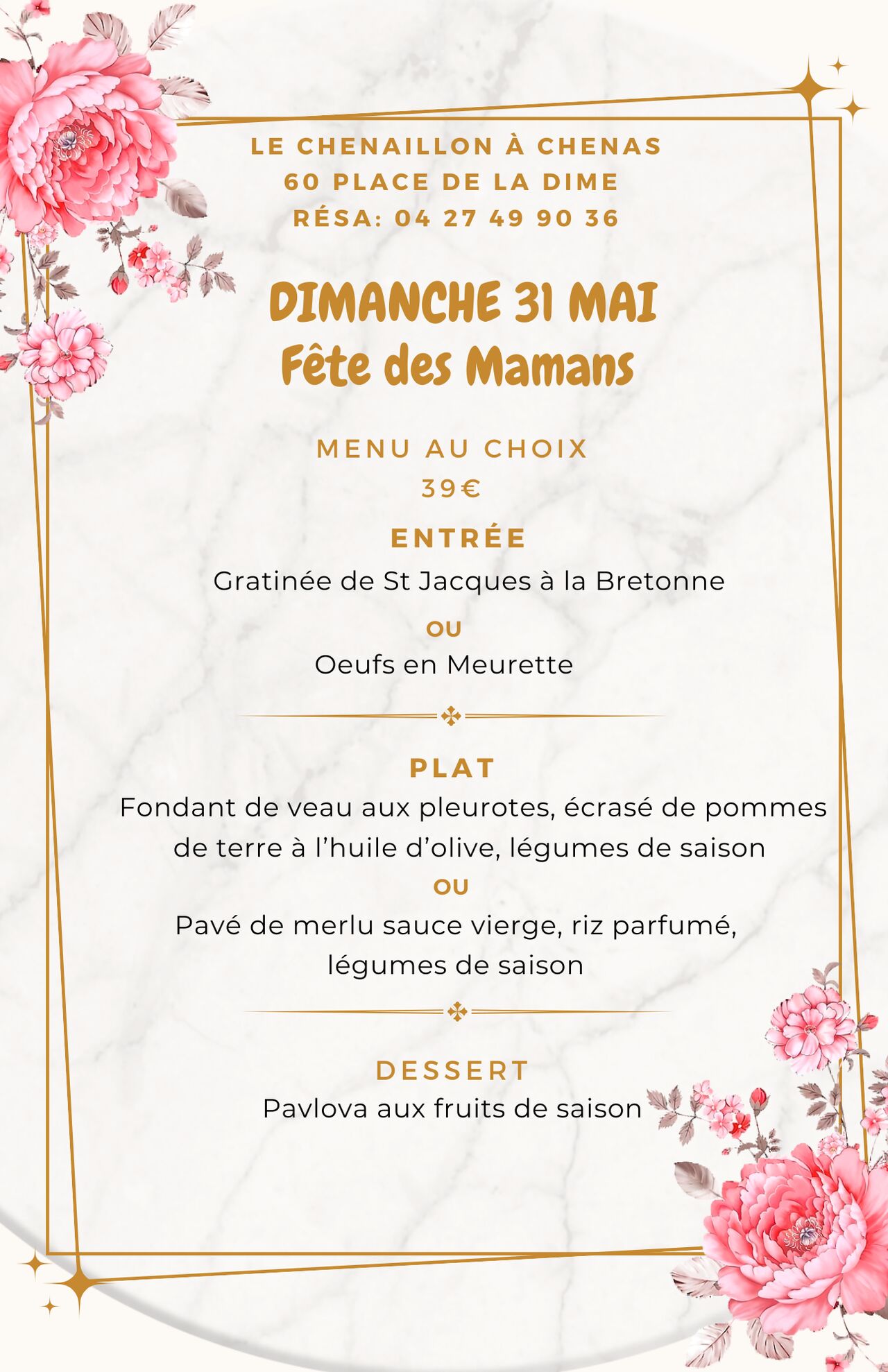MENU FETE DES MAMANS - DIMANCHE 31 MAI 2026