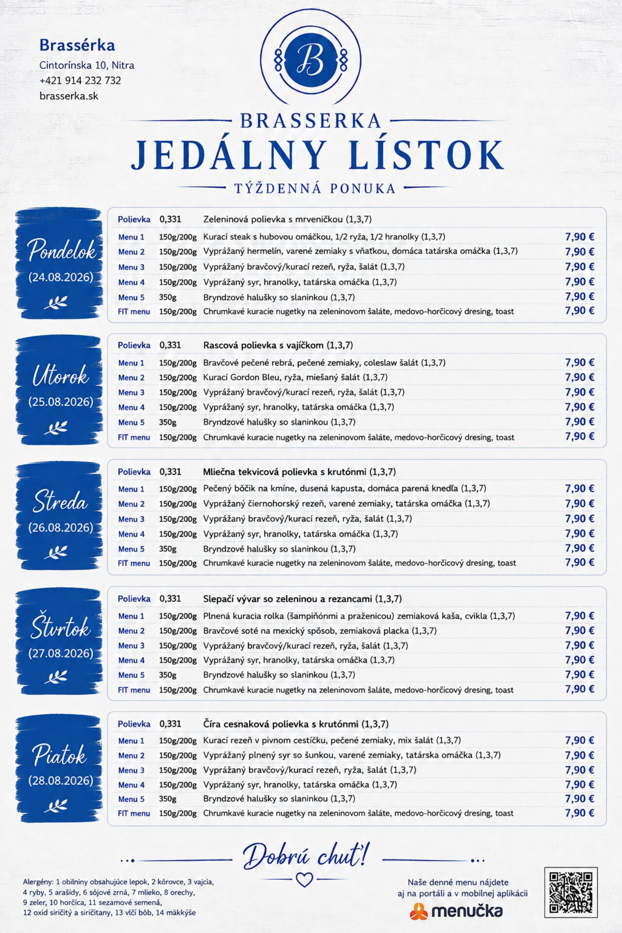 🍽️Týždenná ponuka jedálneho lístka – Brasserka🍽️