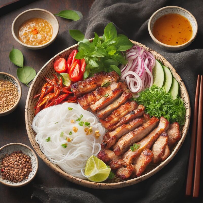 Bún chả thịt nướng kèm theo bún và rau thơm, được trình bày theo phong cách truyền thống của Việt Nam.