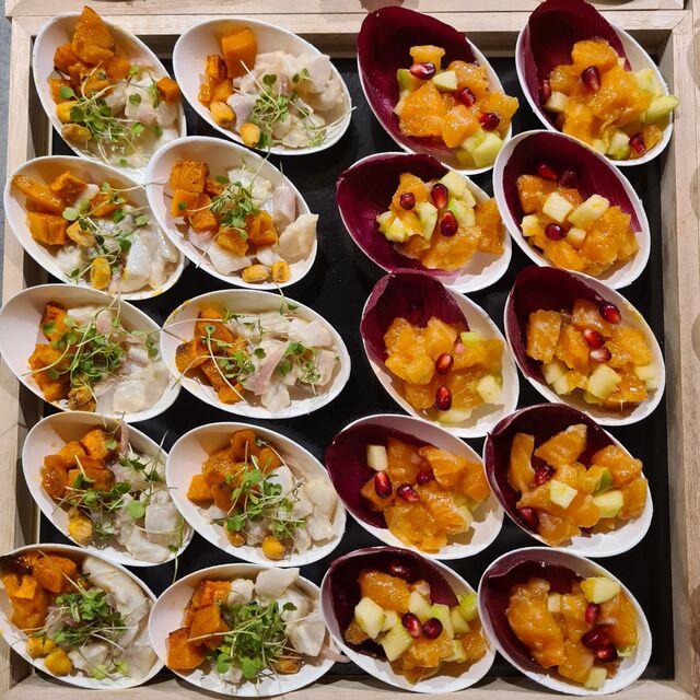 Ceviche de loup au lait de coco et patate douce / Tartare de saumon et pomme verte