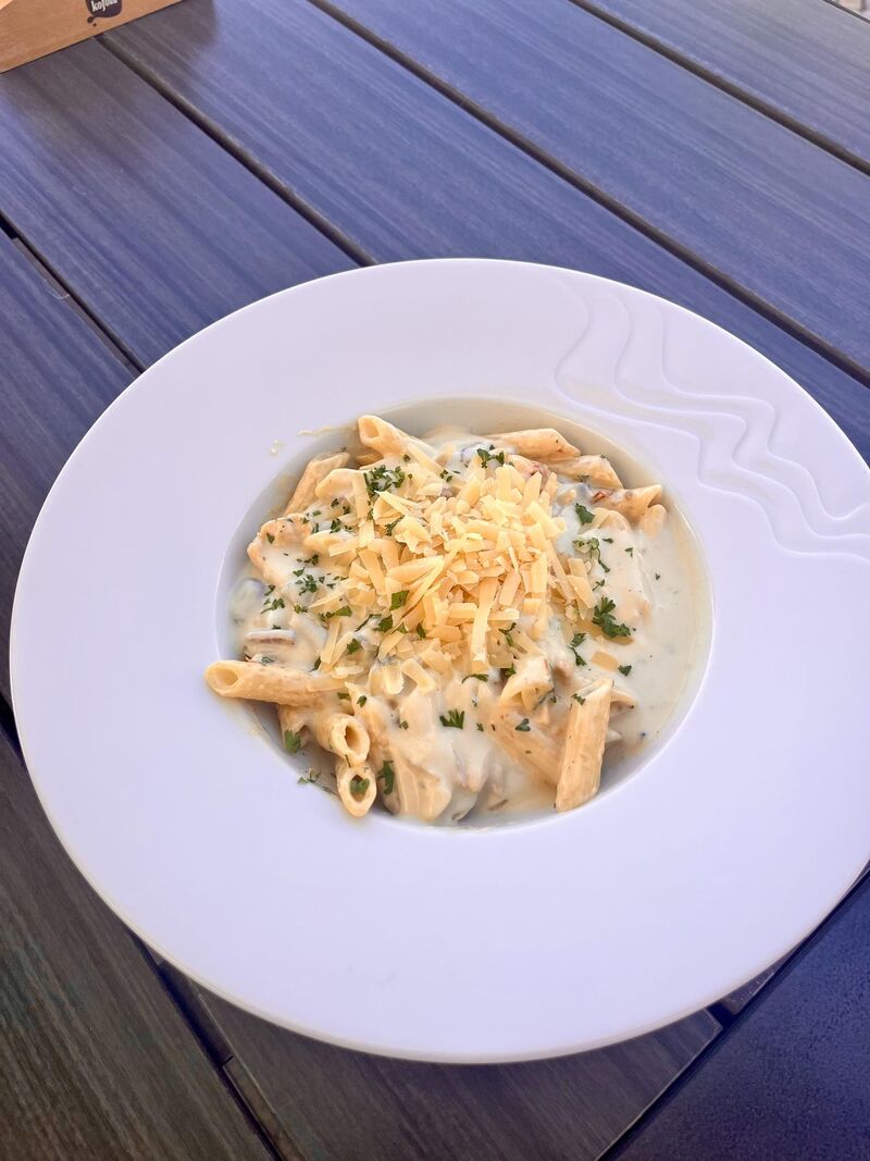 Těstoviny penne s kuřecím masem, smetanovou omáčkou, sypané parmezánem