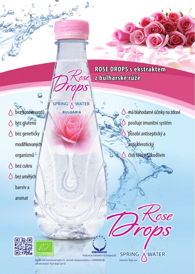 Bio pramenitá růžová voda na pití s extraktem z bulharské růže 