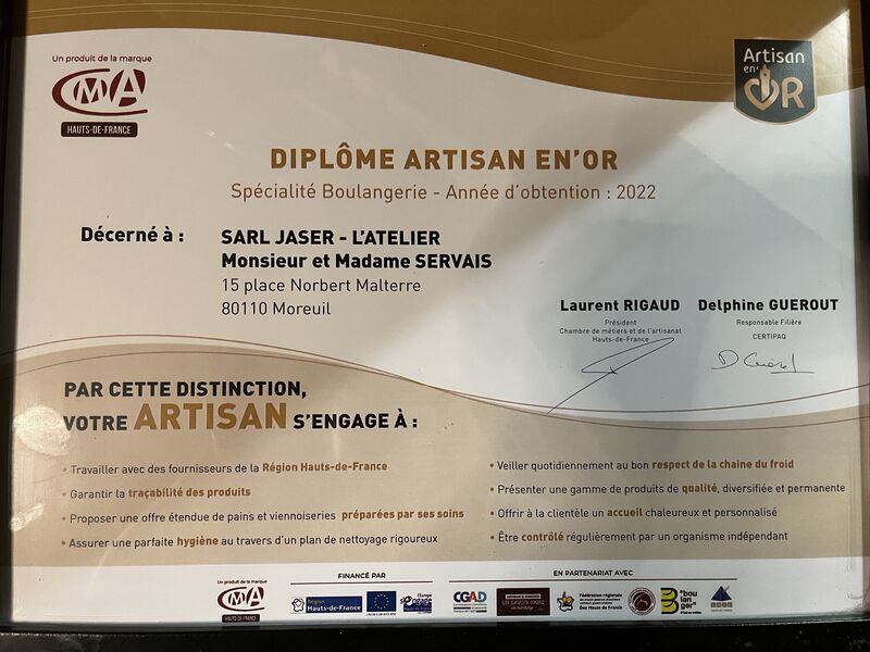 Diplôme artisan en or, spécialité boulangerie