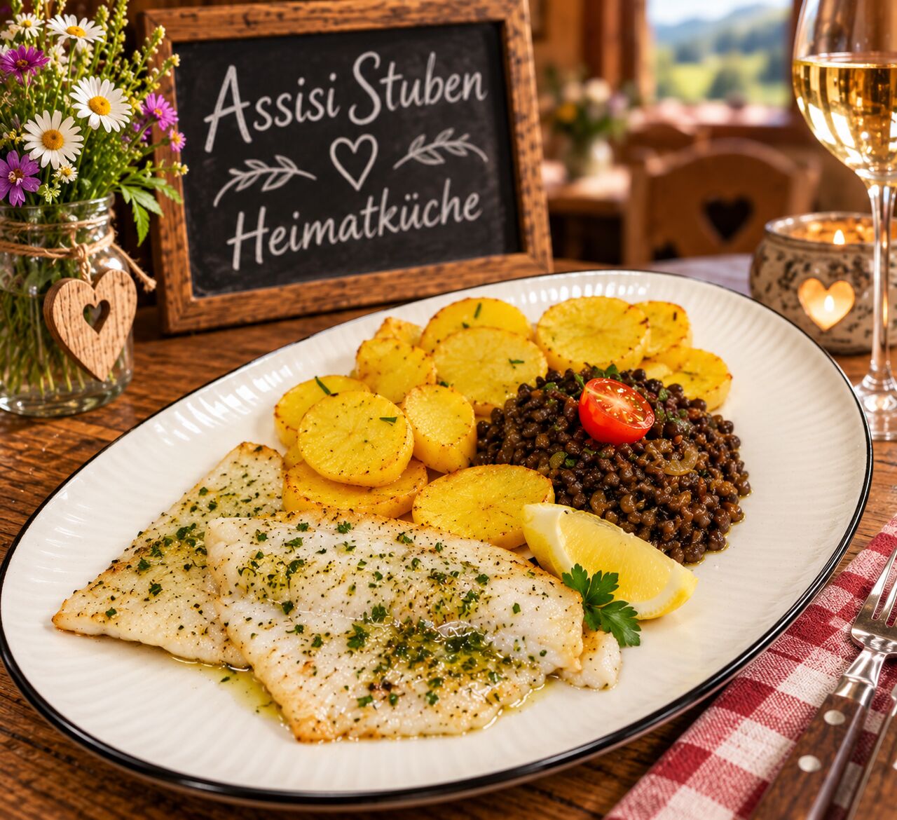Fischfilet mit Balsamicolinsen und Bratkartoffeln 