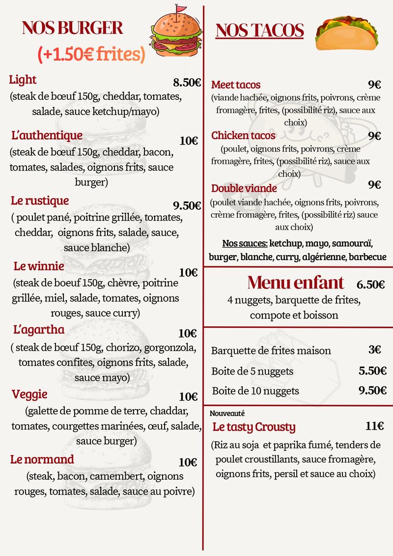 Carte des burgers / tacos !