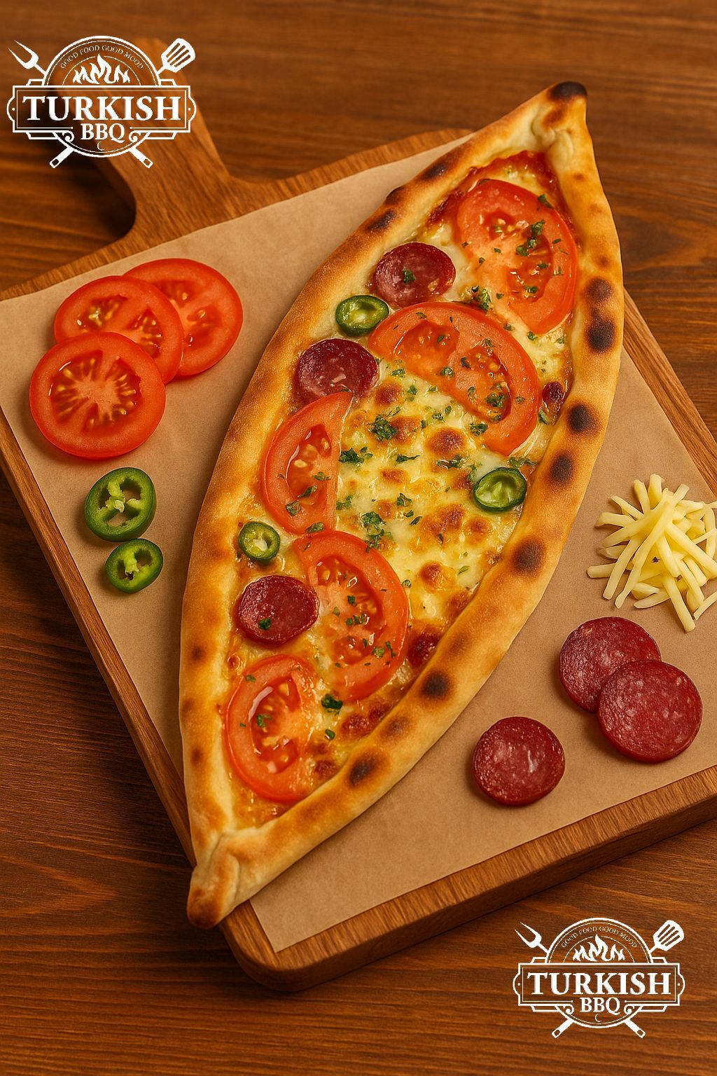 Crocant, cremos și ușor picant! Cu dublu mozzarella, roșii, sucuk de vită, ardei iute, ou, gorgonzola și fulgi de ardei.