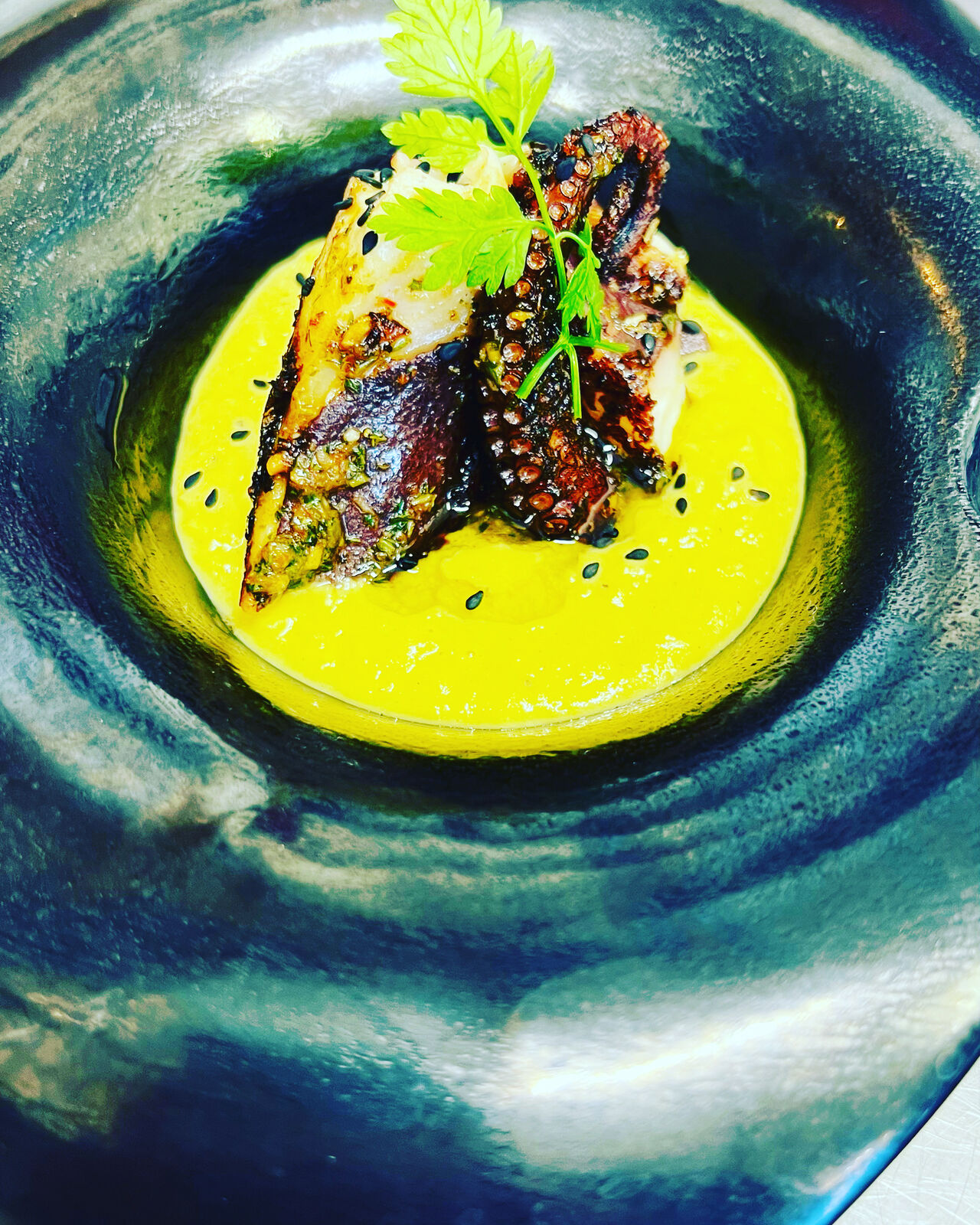 la salade de poulpes, coulis de maïs, vierge de légumes