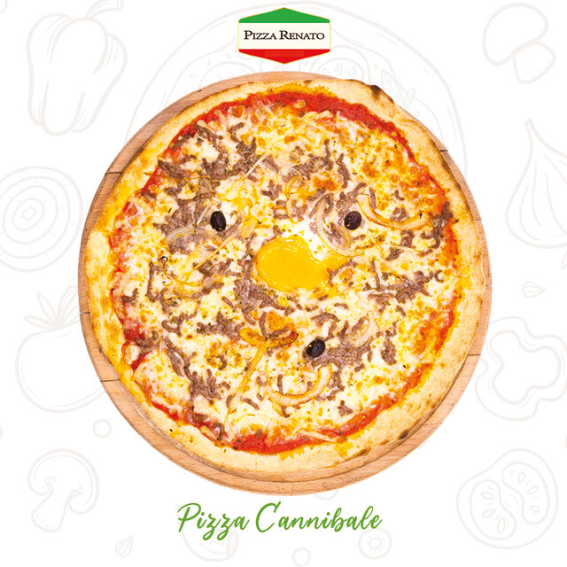 Tomates, fromage, viande hachée, oignons, œufs, olives et origan. 33 cm.