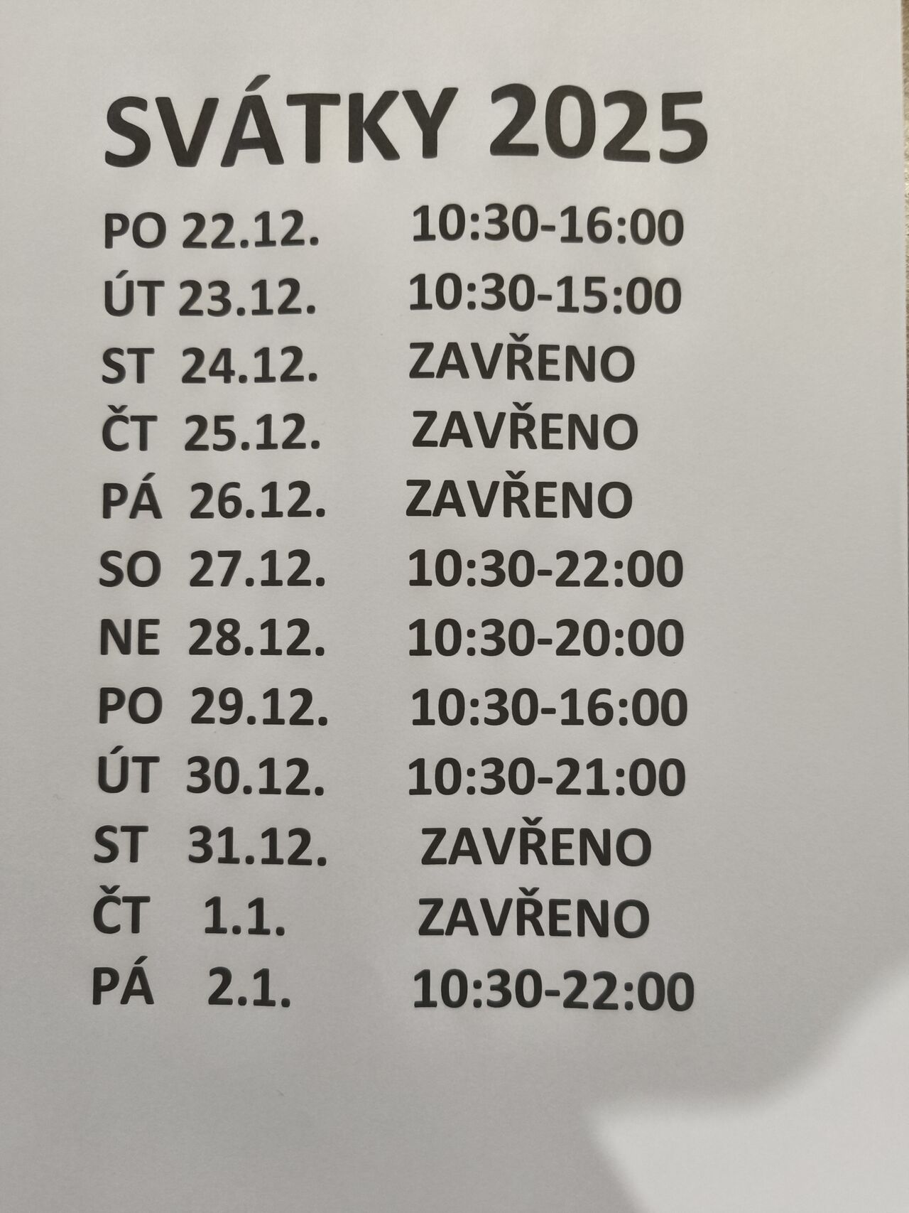 Otvírací doba během svátků