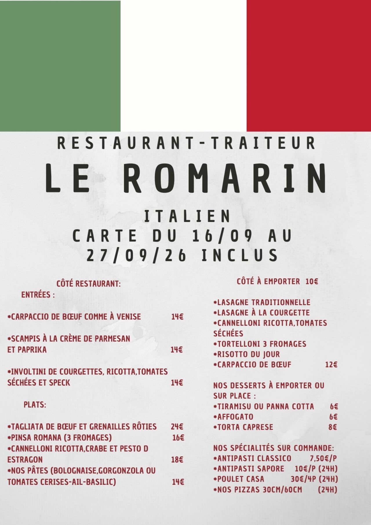 Carte du 16/09 au 27/09
