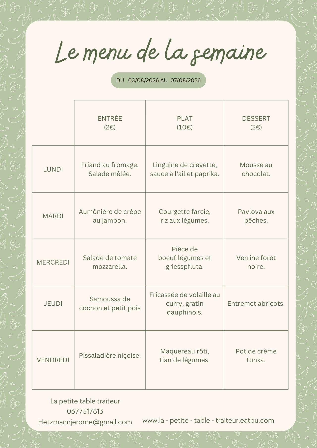 Menu du jour du 03 au 07 août 2026