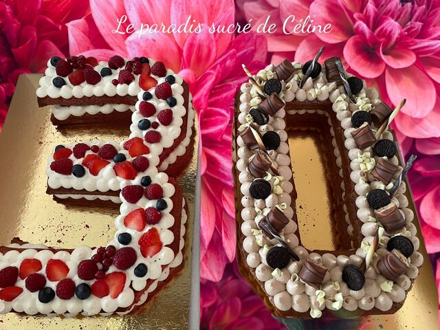 Number cake avec un gâteau de red velvet ganache montée vanille fruits rouges et le second gâteau chocolat ganache kinder Bueno