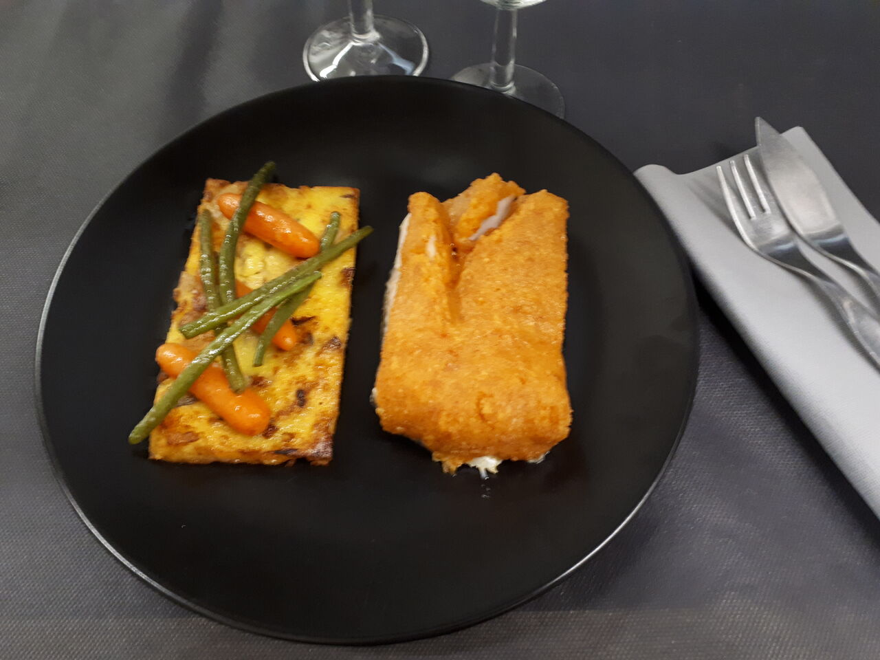Pavé de Cabillaud en croûte de Chorizo, Polenta aux pleurotes
