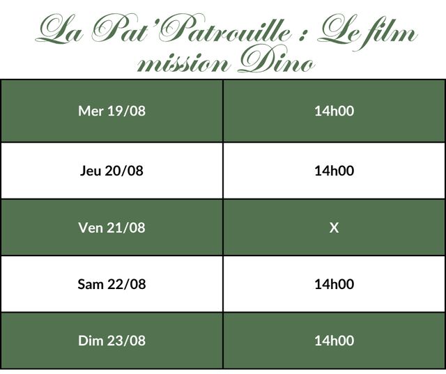 La Pat' Patrouille : Le film mission Dino - Horaires