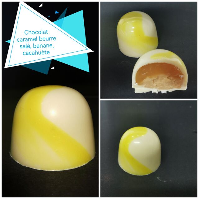 bonbon chocolat blanc / intérieur caramel banane et crunchy cacahuète 11.80€ les 150g