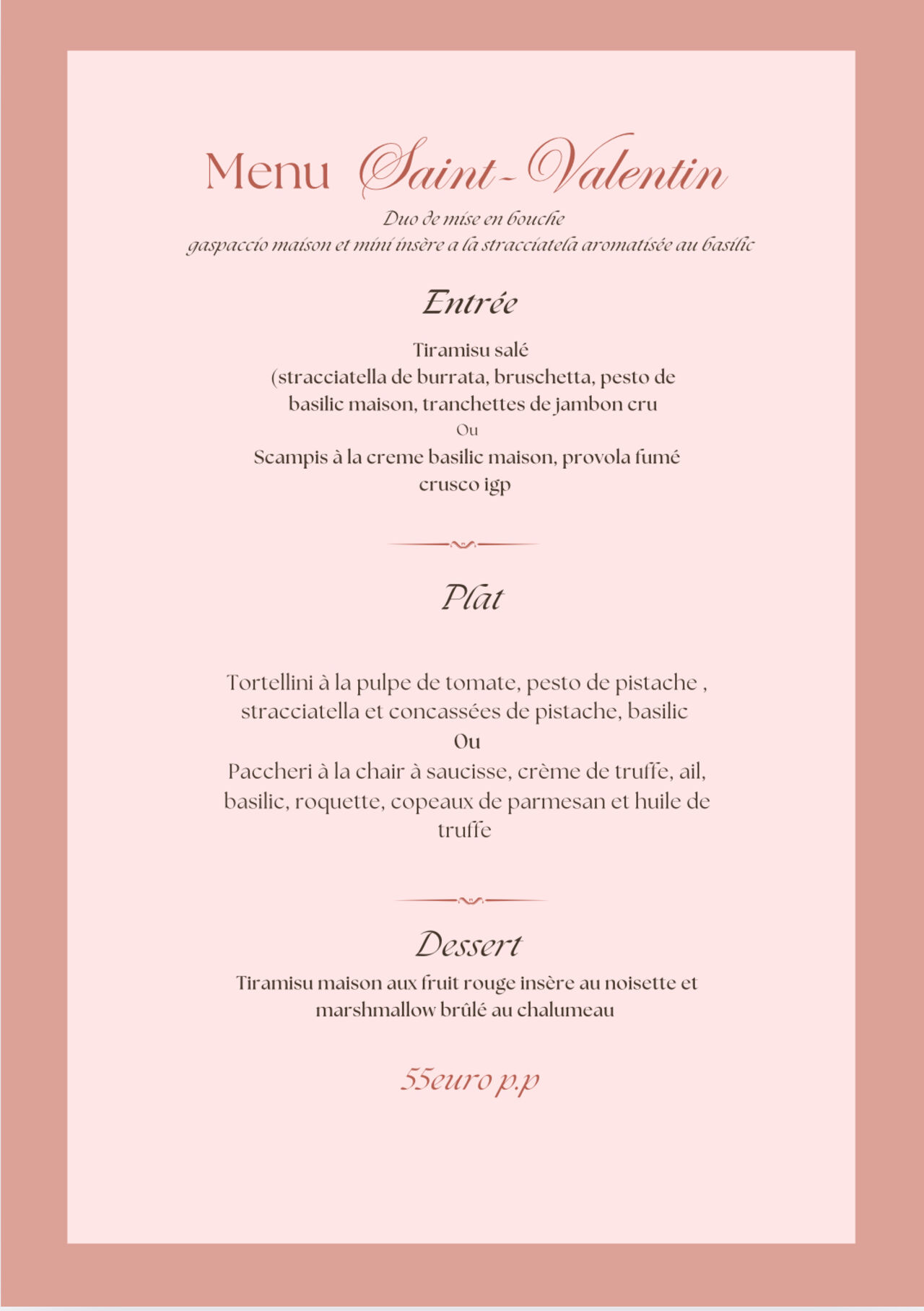 Menu Saint-Valentin 55,00p.p