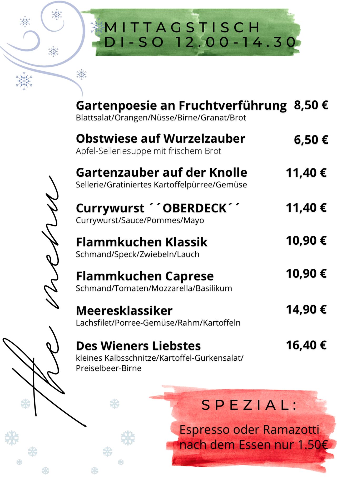 Mittagskarte im Café Kunstpause