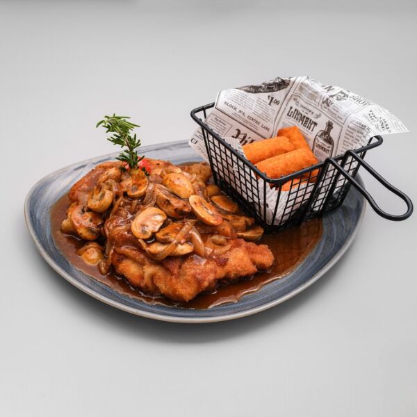 Schnitzel Baukasten Variante: Jägerschnitzel mit Kroketten