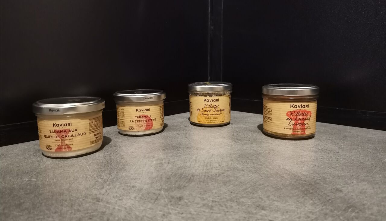 Tarama blanc 90g=fin /tarama truffé 90g=fin/rillettes de Saint-Jacques bio 90g=9.50€/rillettes de Homard bio 90g=11.50€