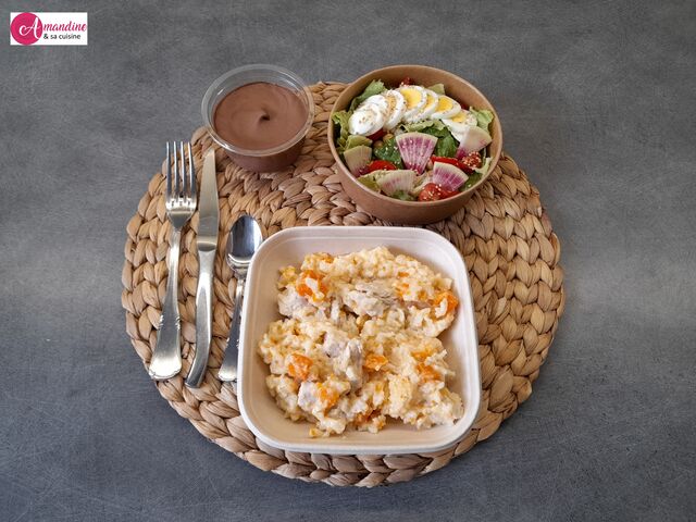Panier repas : petite salade + risotto dinde-butternut + mousse au chocolat noir intense