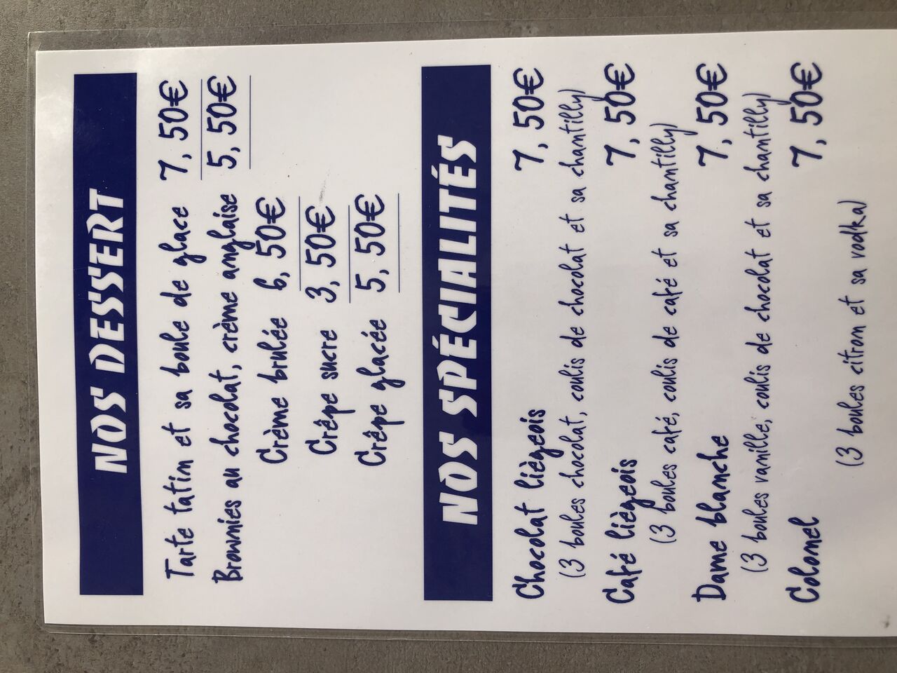 Carte des desserts 