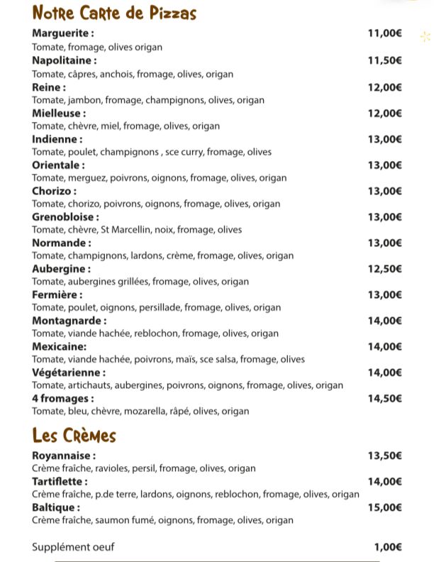 Carte des pizzas
