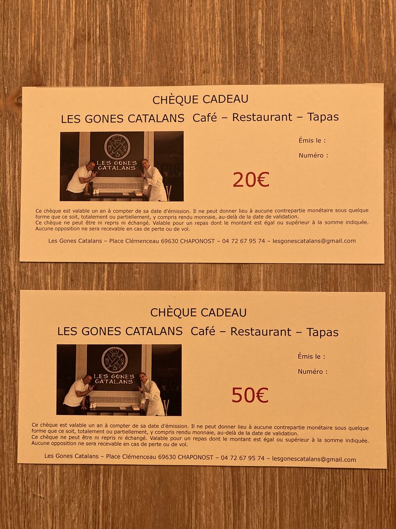 Chèques Cadeaux d'une valeur de 20€ ou 50€ à offrir toute l'année.