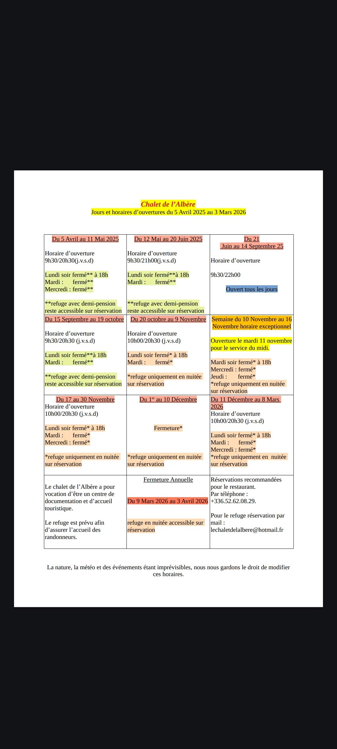Nos horaires annuels
