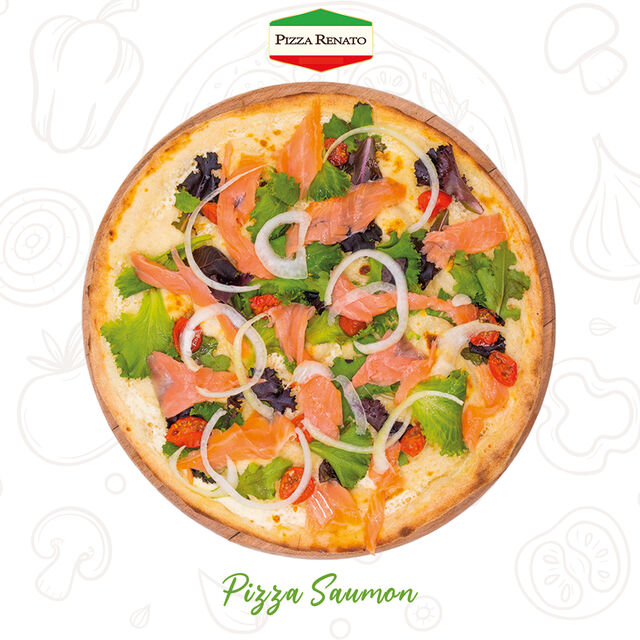 Crème fraîche, saumon, mesclun, tomates confites et oignons. 33 cm.