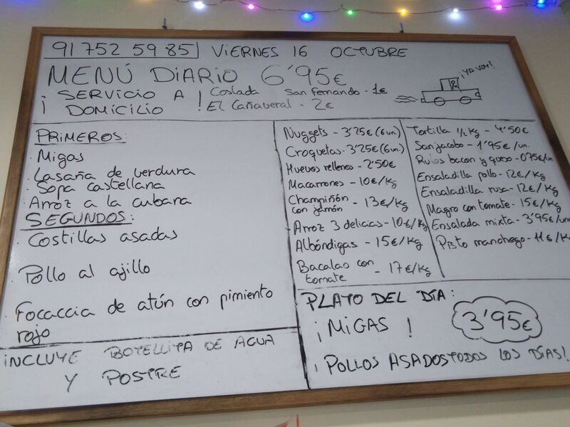 Nuestro menú de hoy, menú, pollitos, migas y maaaasss.
En tienda y a domicilio ?☎️917525985
Coslada, sanfer y cañaveral 