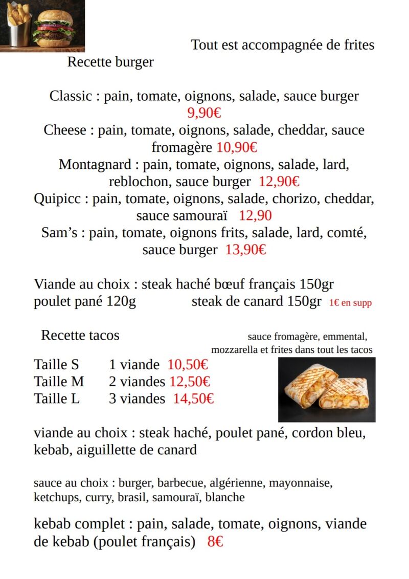 Carte burger / tacos / kebab