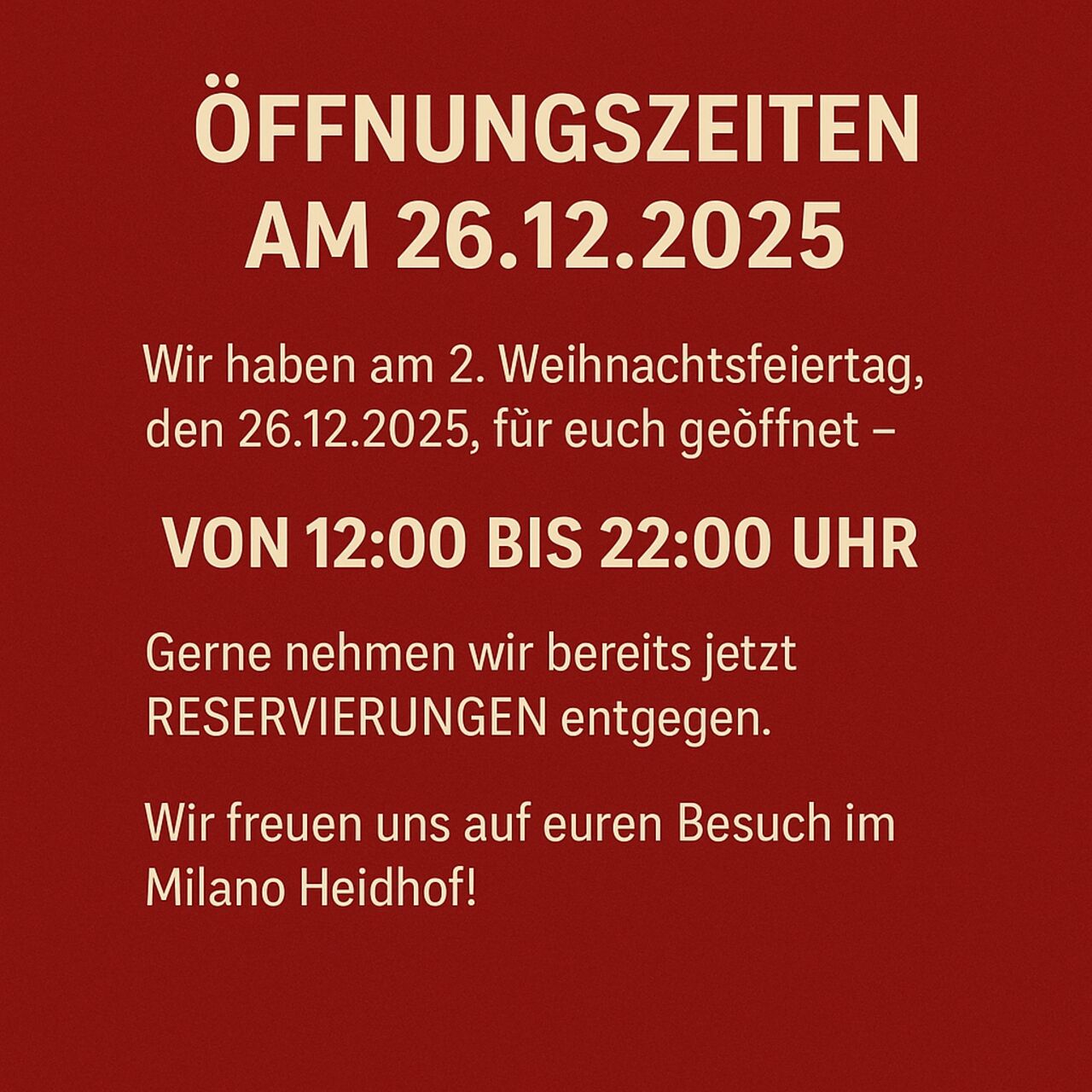 Öffnungszeiten am 26.12.2025