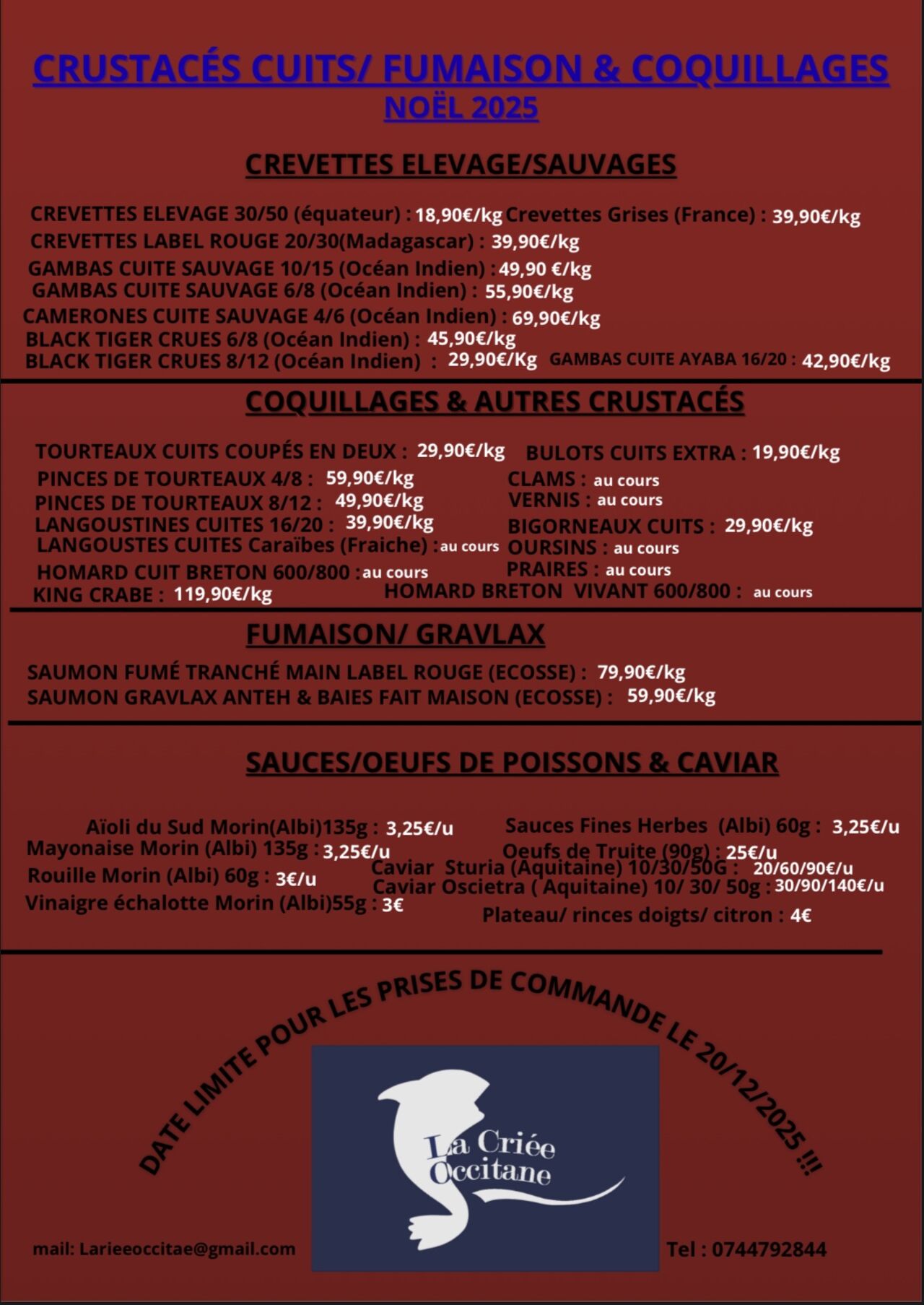 TARIFS CRUSTACES/ COQUILLAGES/ FUMAISON