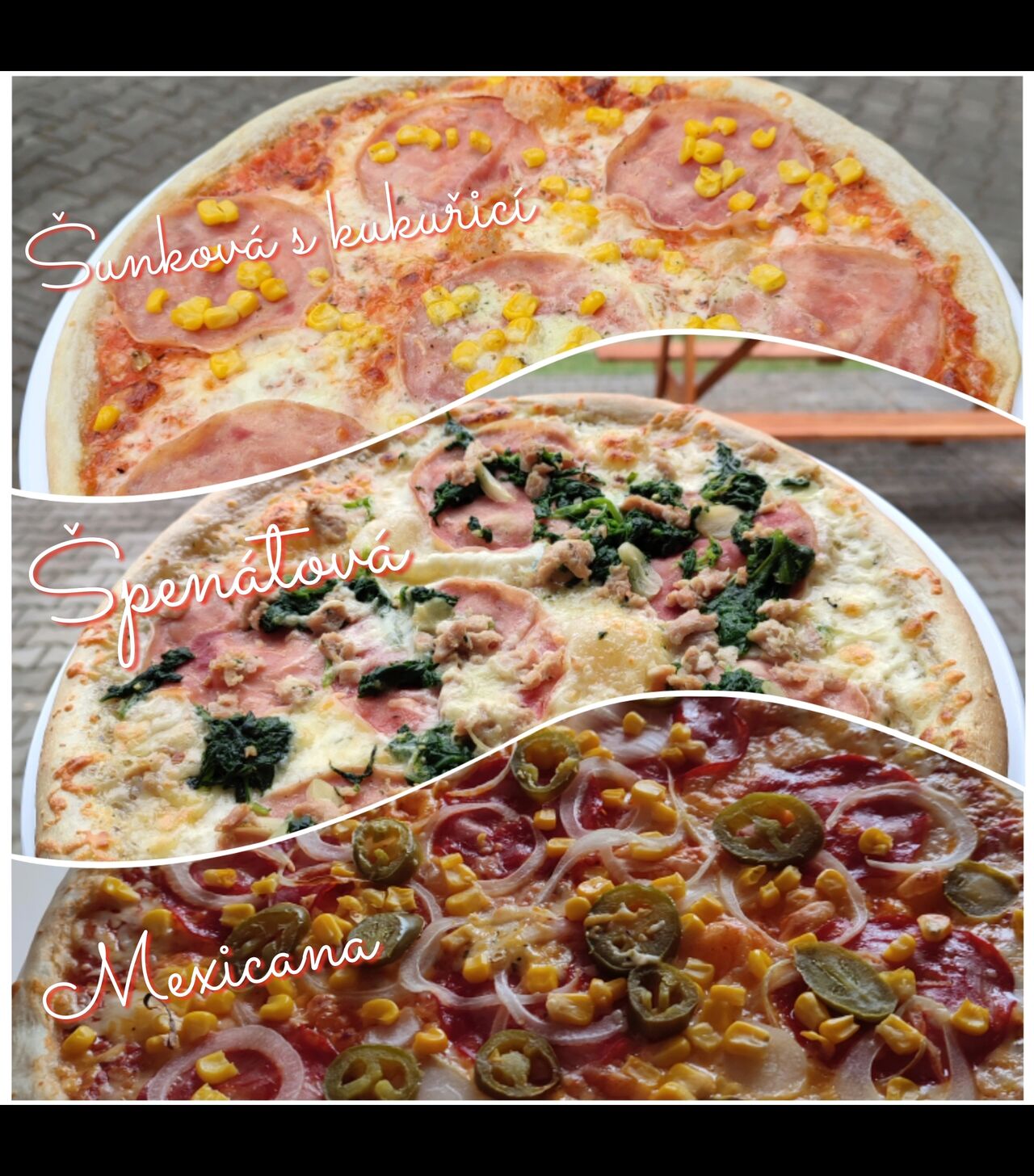 Nejen tyto, ale i další druhy pizzy pro vás s úsměvem přichystáme