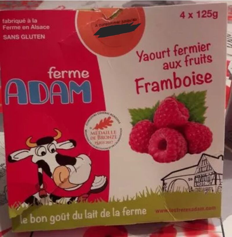 Yaourts fermiers parfum framboises médaillé 2017 Ferme Adam - 4x125gr - 2,29€