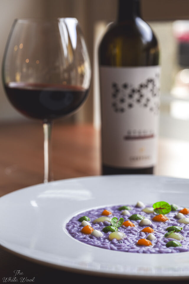 Risotto al cavolo viola, zucca e fonduta di pecorino di fossa
