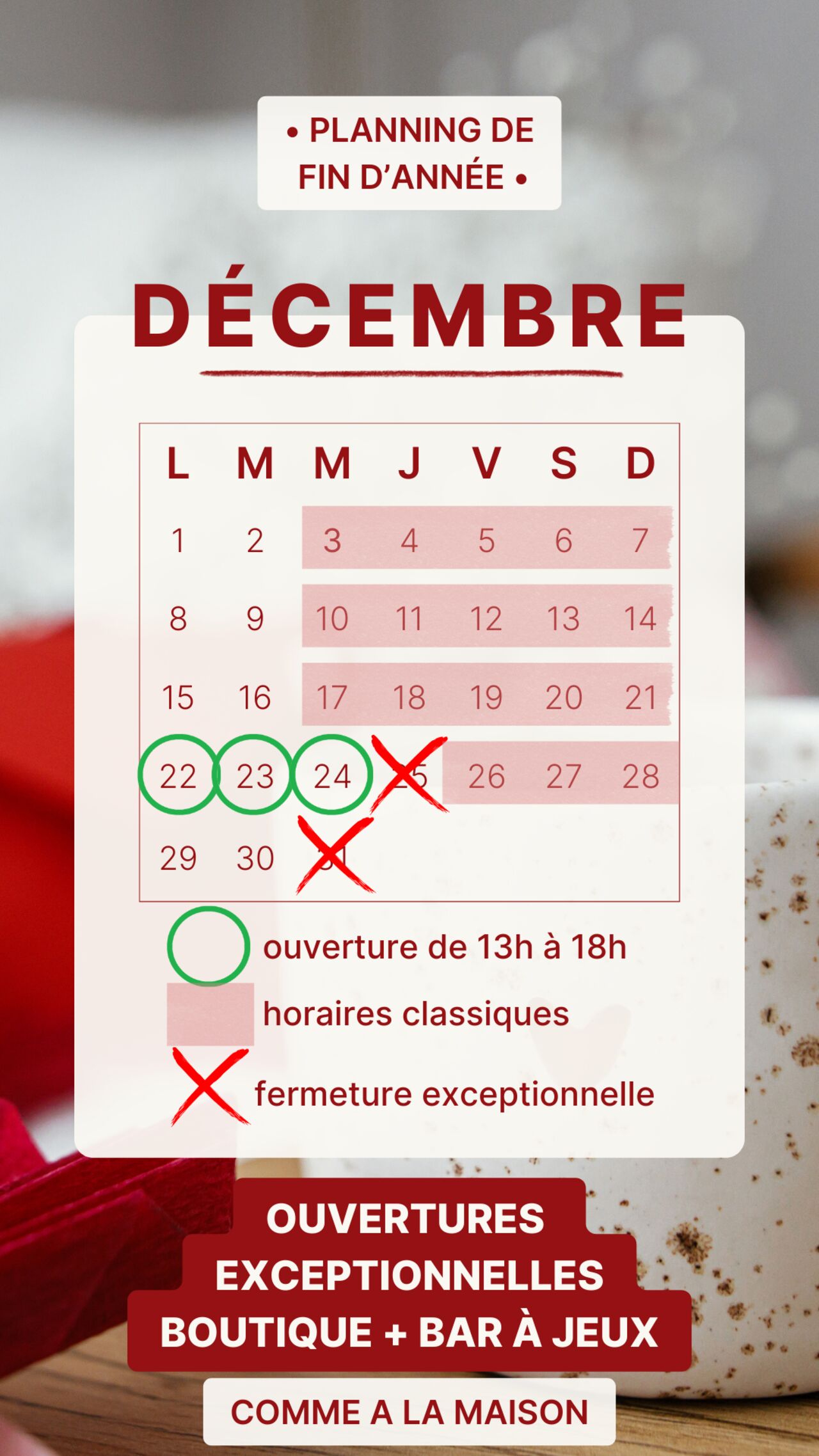 Horaires de fin d'année