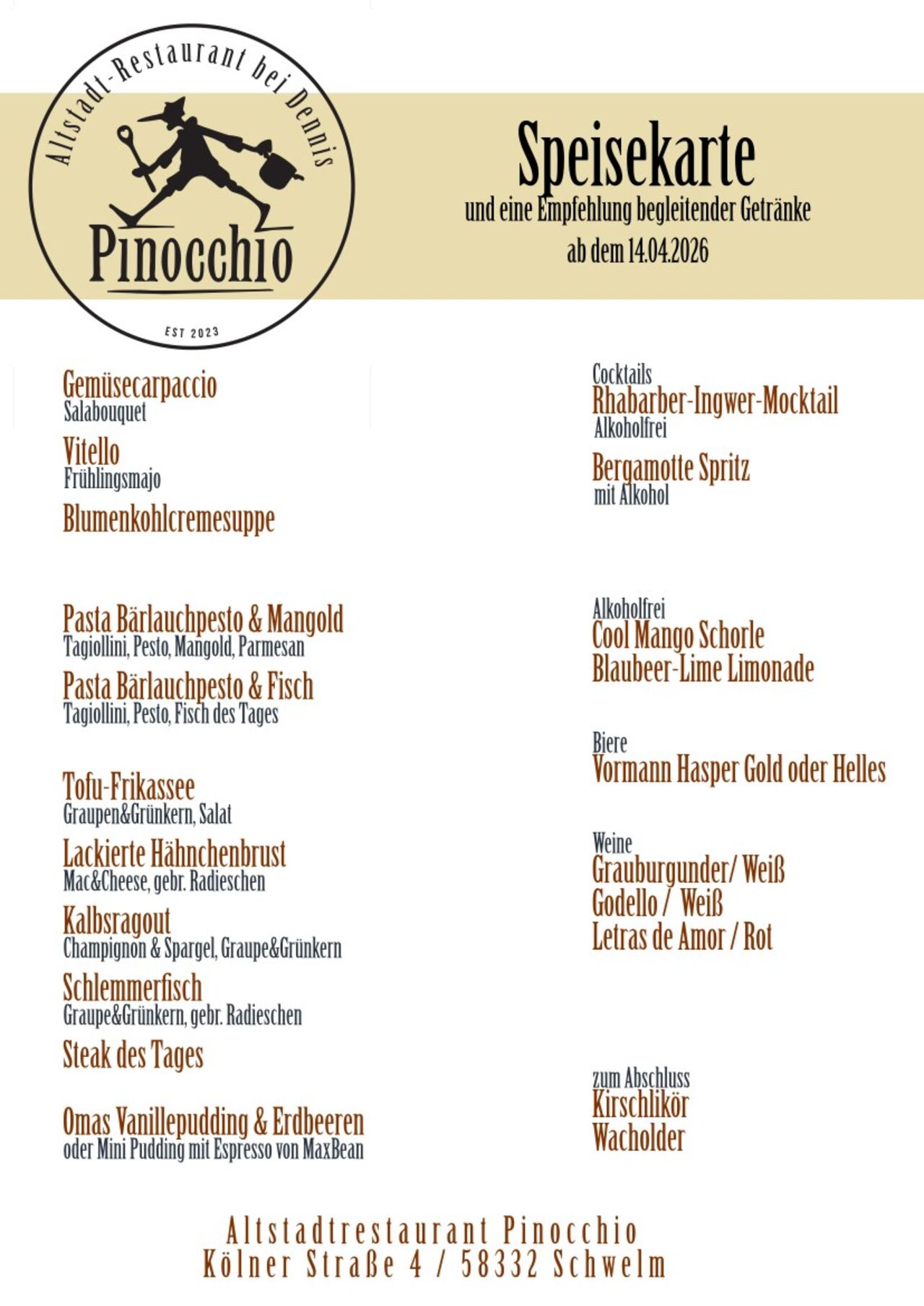Unsere Speisekarte vom 28.04. bis zum 16.05.26