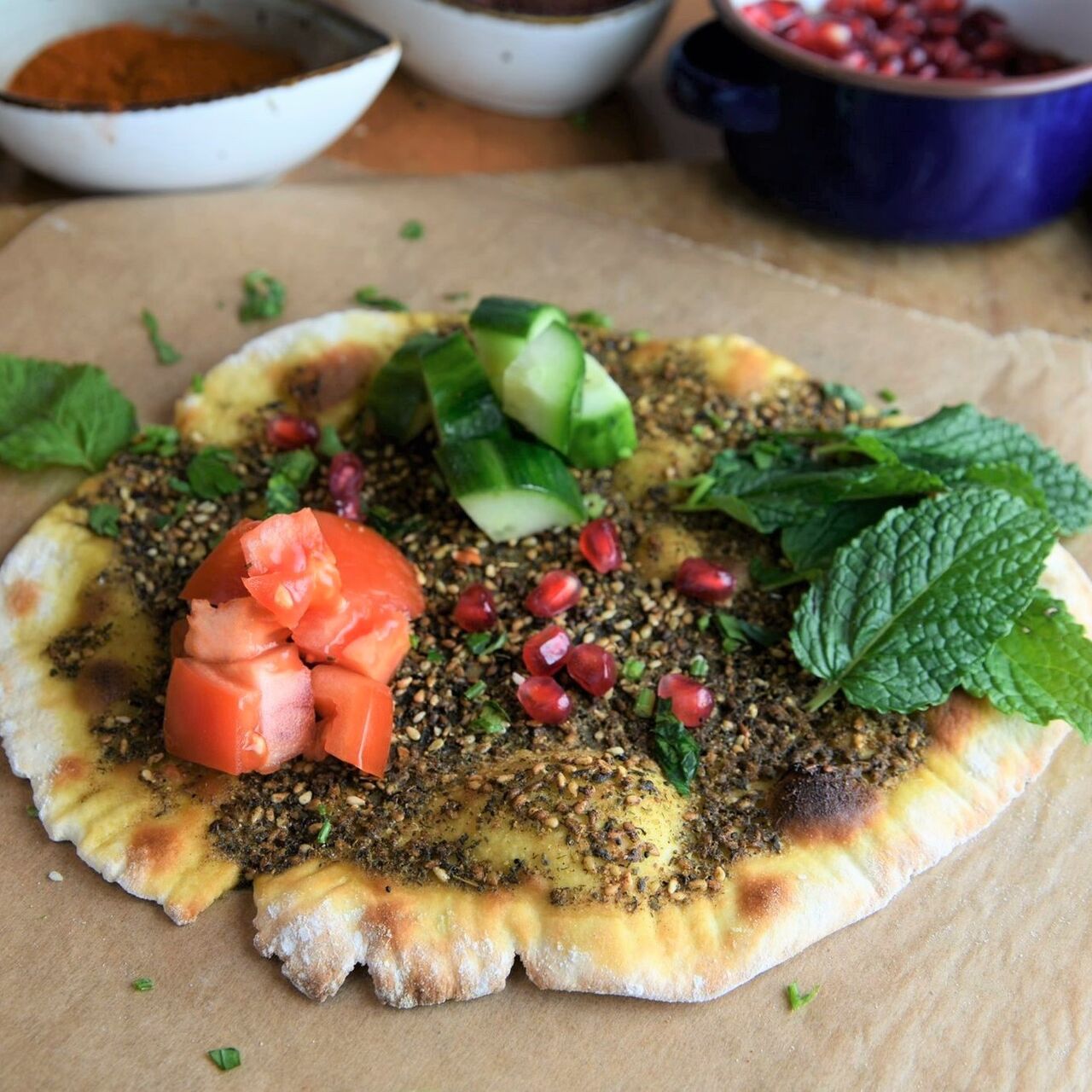 Za’tar mana'ish mit za’atr (5-Kräutermischung) und Olivenöl.