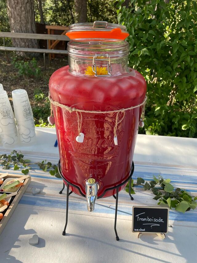 Framboisade - eau fraîche, jus de citron frais, cordial de framboises parfumé à la rose maison, hibiscus -