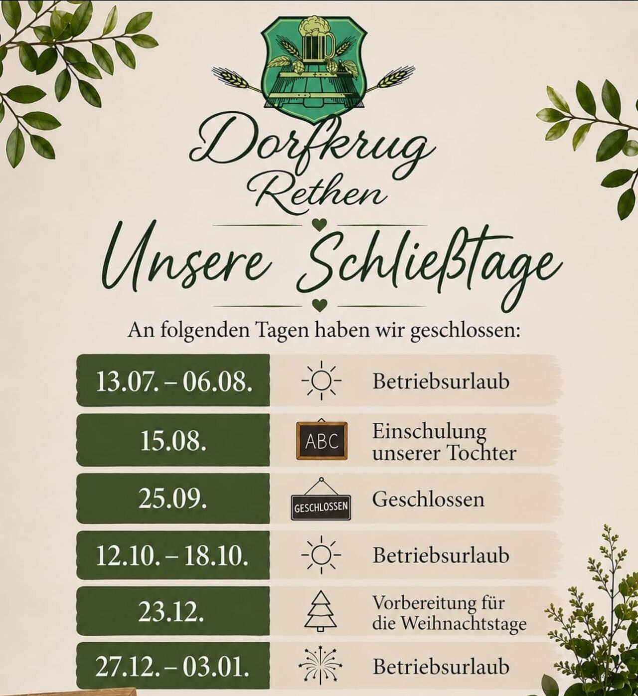 Unsere Schließtage 2026