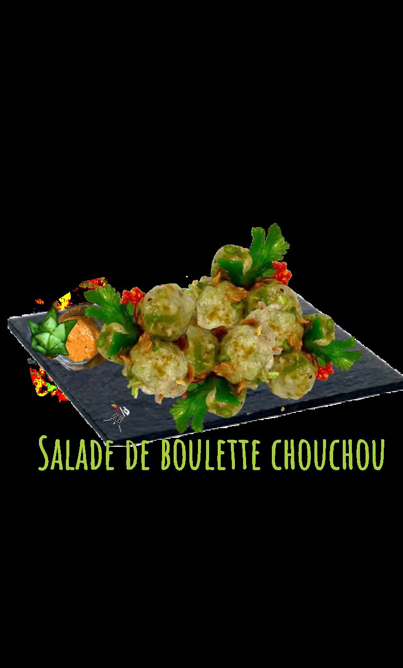 Salade de boulette de chouchou chouchou cest un légumes ( chayote )
boulette chouchou est composé des épices ,viande