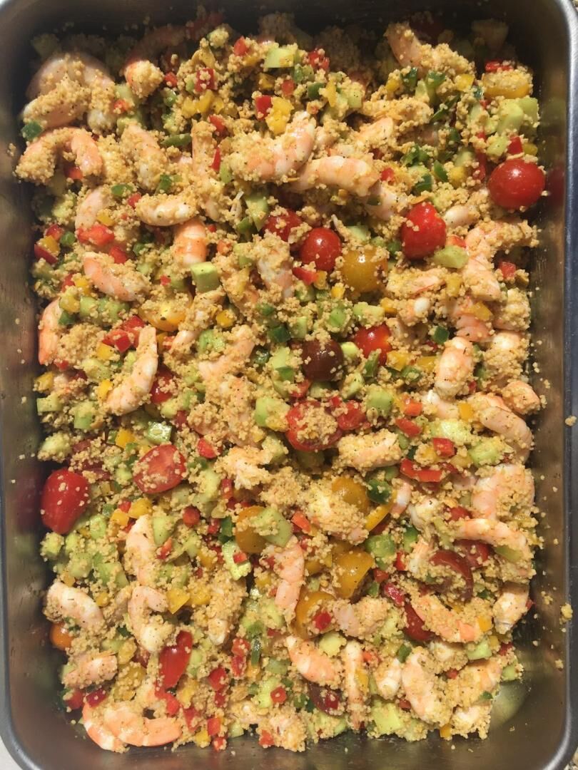 Notre célèbre généreux taboulé aux crevettes. Toujours fait 